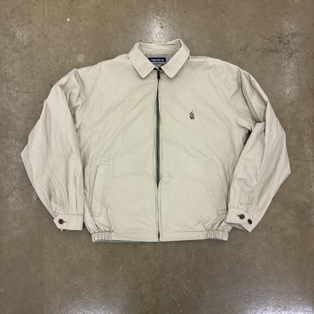 vtg Nautica Jacket Mens L Beige Bomber Zip Up Cotton Lined Classic Hong Kong